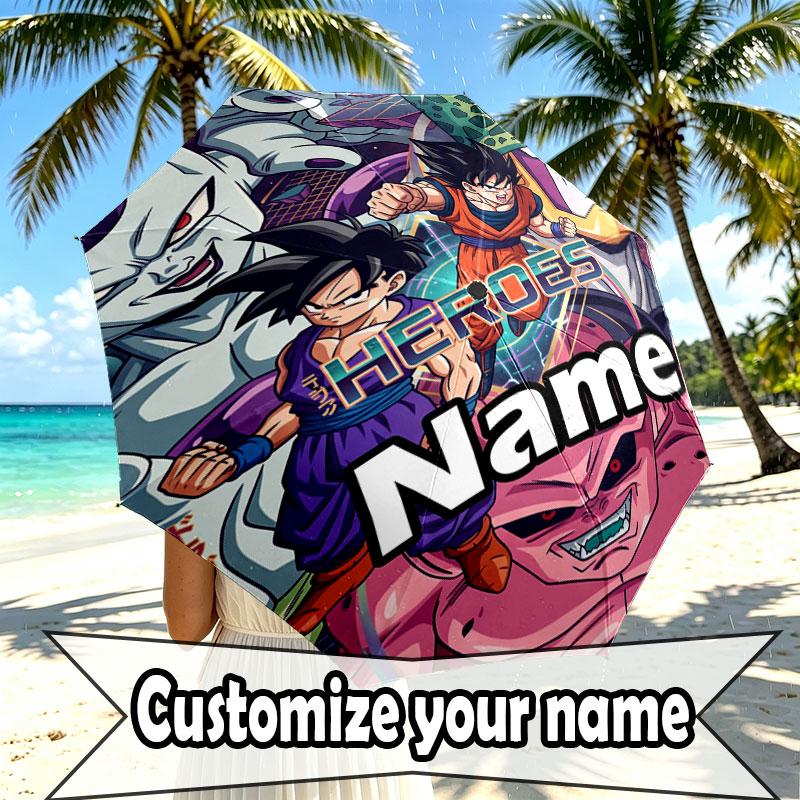 Custom Name Personalized Dragon Ball Z Print Umbrella, Auto Open Close, 8‑Rib Sturdy Frame, Commute Camping Hiking Use, Birthday Gift