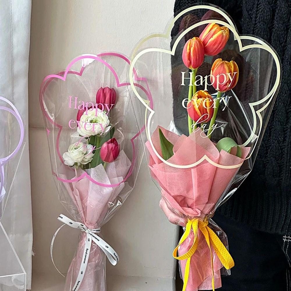 50pcs Transparent Flowers Packaging Plastic Bags Portable Bouquet Wrapping Paper Florist