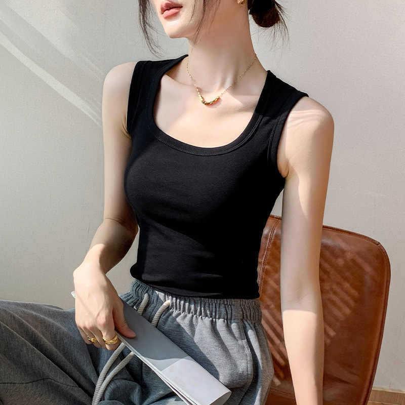 Korean Square Neck Cotton Tank Top with Fixed Cup and Chest Pad