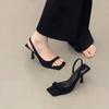 Fashion French Style High Heel Sandals for Women Black Strappy Stiletto Heels with Ankle Strap