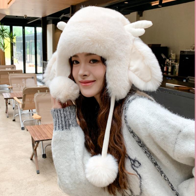 Autumn Women's Antler Plush Thickened Thunderbolt Hat Winter Big Head Circumference Outdoor Cold Fashion Ear Protection Cap