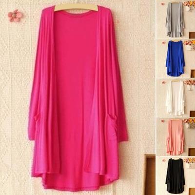 Spring Fall Women Coat Loose Mid Length Pure Color Long Sleeves Thin with Pockets Open Stitch