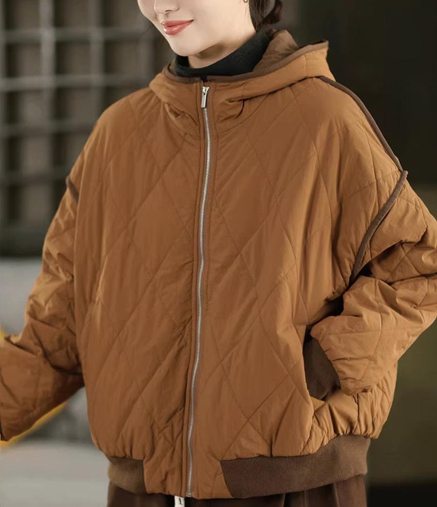 Johnature Women Vintage Winter Hooded Patchwork Coats Zipper Long Sleeve Warm Casual Female Coats