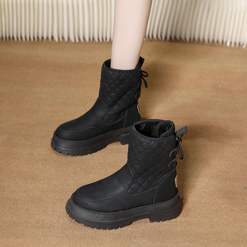 Fashion Black Elegant With Medium Heels Woman Shoes Mid Calf Lace-up Round Toe Y2k Goth Footwear Work New Rock Sale Snow Boots for Women