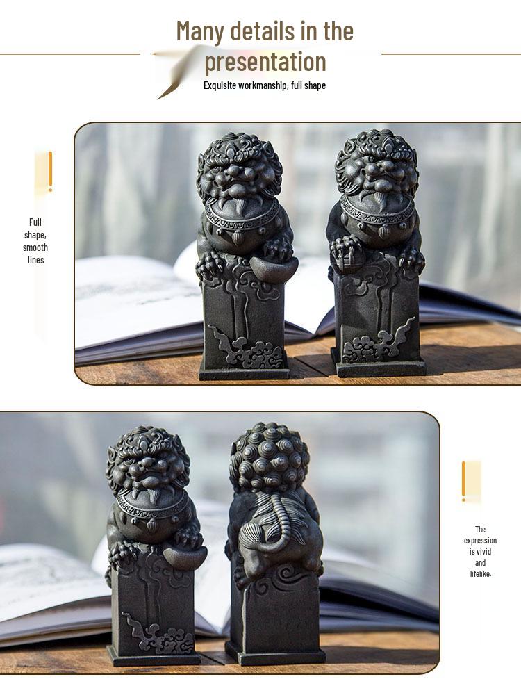 Chinese Cast Iron Stone Lion Desktop Ornament: Cultural Craft for Wealth and Protection.