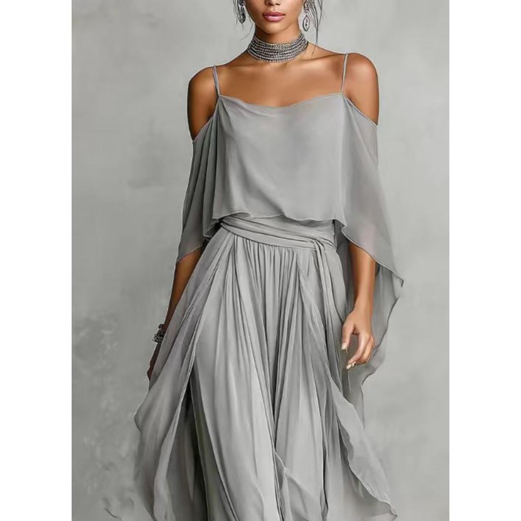 Nuovo Arrivo Set Completo da Donna con Top Bardot in Chiffon e Pantaloni a Gamba Larga Grigio Outfit Moda Irregolare per Crossbody Europeo Americano
