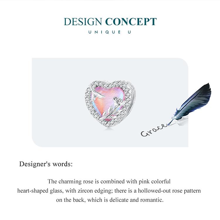 BAMOER 925 Sterling Silver Pink Guardian Heart Visící korálek Dutá růže Nýt Love Charms pro ženy Náramek a náhrdelník pro vlastní potřebu