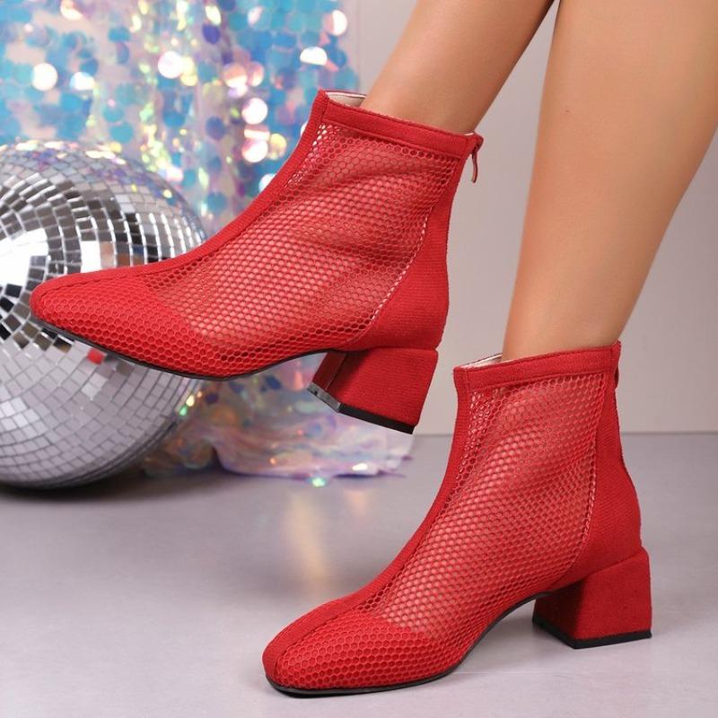 Fashion 2024 Summer Boot Zapatos Chaussures Femme Zipper Square High Heel Leopard Woman Shoes Women Mesh Suede Ankle Boots Size 43