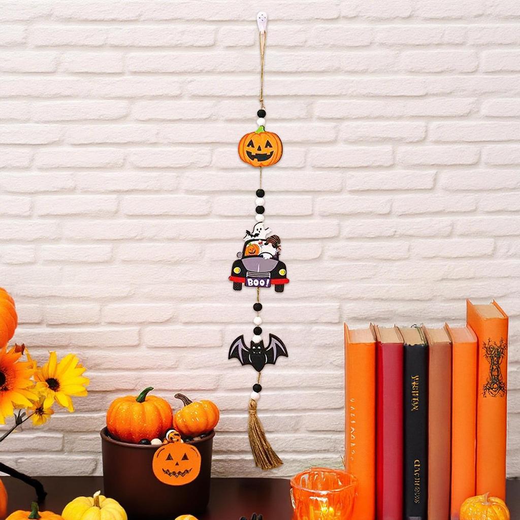 Ming Guan Wooden Halloween Sign: Ghost Festival Beaded String with Pumpkin & Bat Pendant for Home or Party Decor