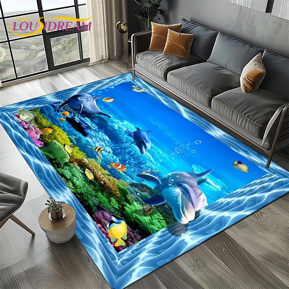Underwater World 3D Illusion Seabed Cartoon Shark Dolphin Carpet Rug for Living Room Bedroom Home Sofa Decoration,Floor Mat Kid