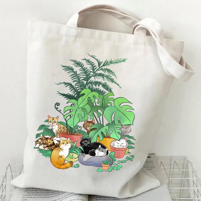 Funny Anime Cat Graphics Women Canvas Shoulder Bag Cartoon Animal and Plant Shopping Bag Kitten Lover Female Reusable Handbags