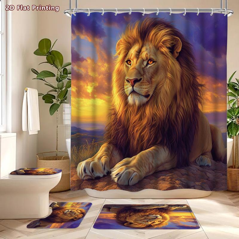 4Pcs Lion Shower Curtain Set with Non-Slip Bath Mat, Toilet Lid Cover, Contour Rug & 12 Hooks, Bathroom Decor