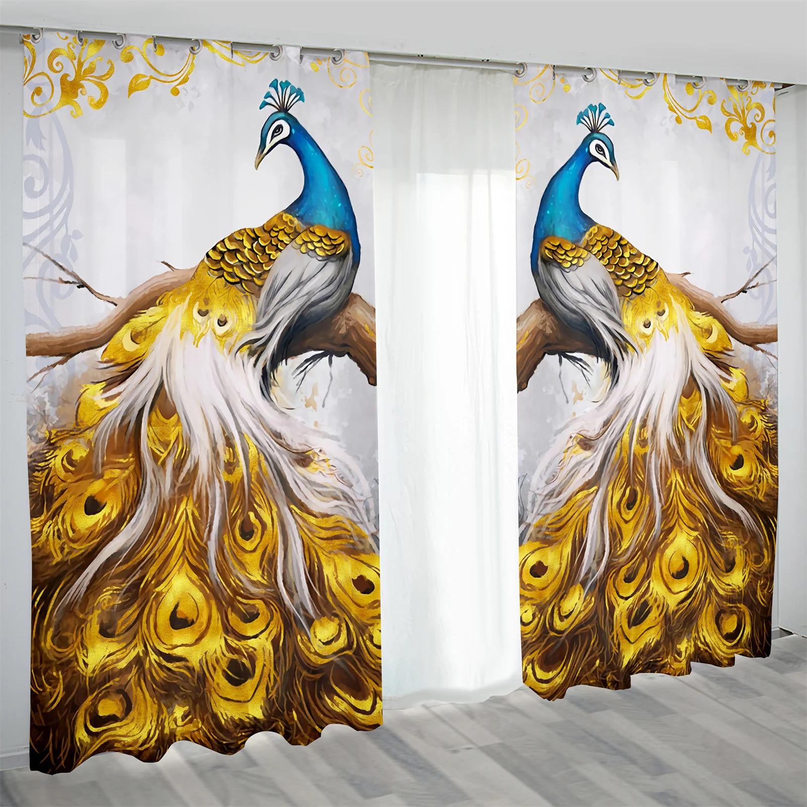 Retro-Luxus-Pfauenserie, elegant, blau-gold, 2-teilig, lichtfilternder Vorhang für Wohnzimmer, Schlafzimmer, Zuhause, Fenster, Dekoration 75W60H(CM) 2PCS