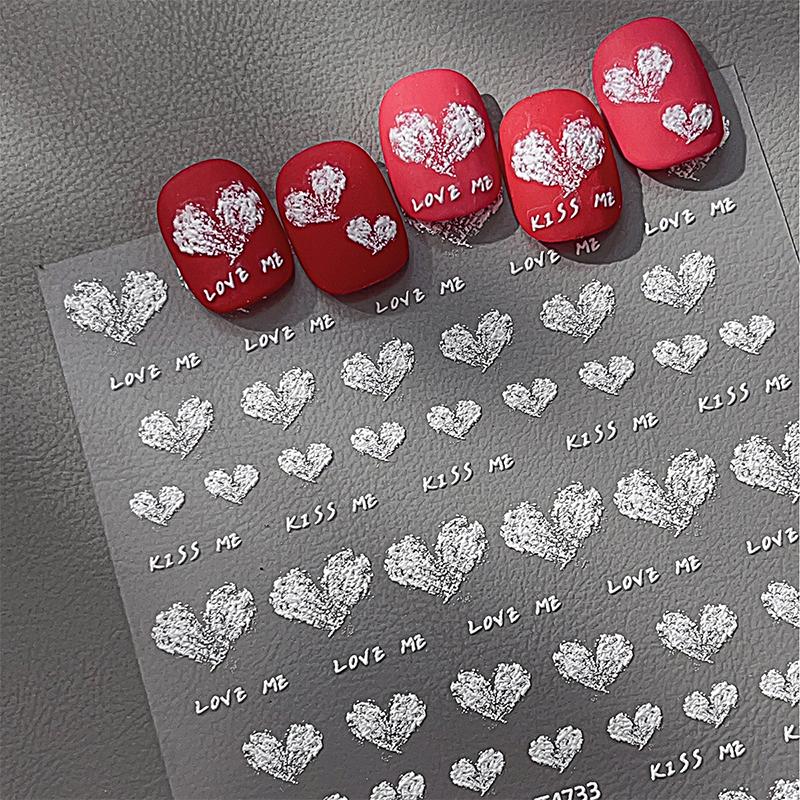 

1 лист белые наклейки для ногтей с сердечками, рельефный дизайн сердечек, самоклеящиеся, украшение для ногтей, DIY слайдеры для ногтей