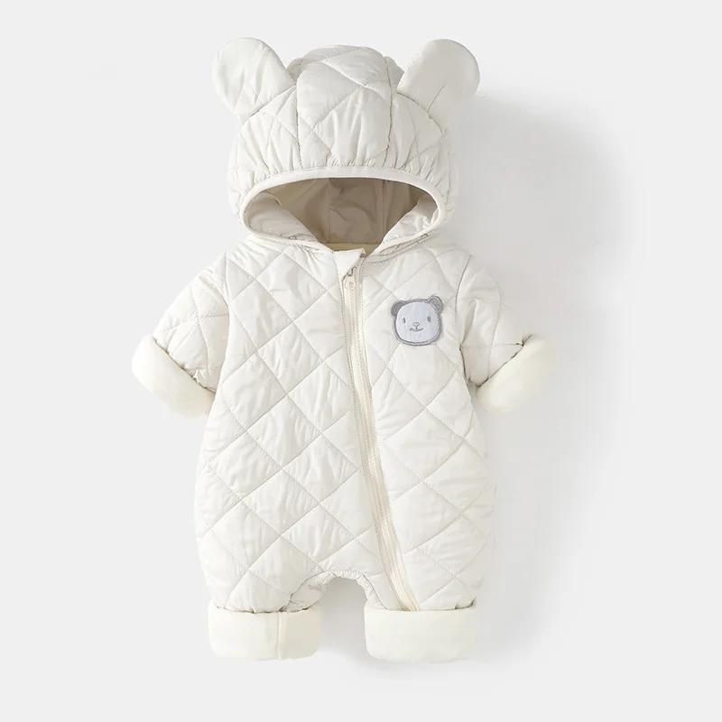 Winter Baby Bodysuit Solid Bear Ear Hooded Thickened Warm Newborn Jumpsuit Soft Toddler One-Piece Outfit