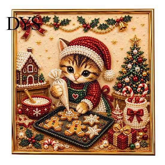 Creative Indoor Pastimes Xmas Cat Faux Pearl Painting Kit, Festive Art DIY Christmas Gift for Enthusiasts Cute Kitty 3D Bead Craft Kit Adults