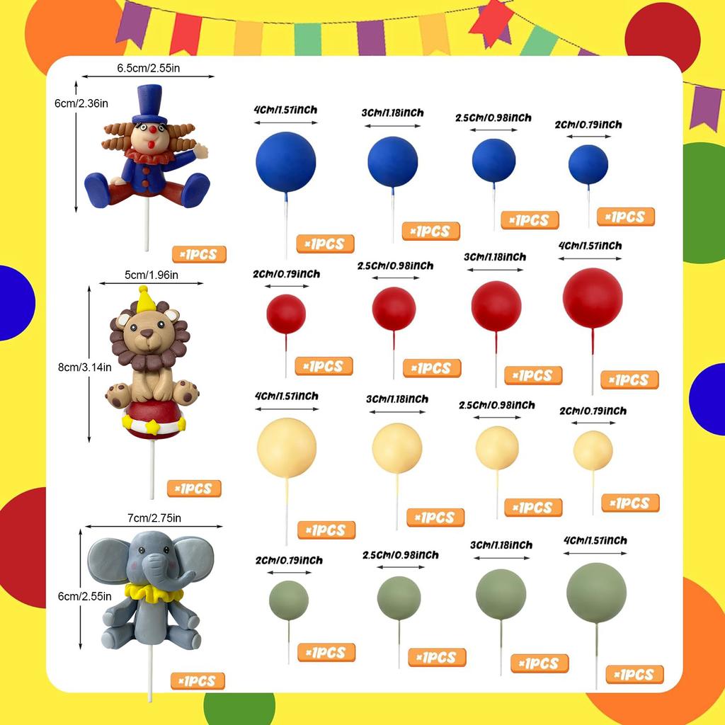 19 PCS Circus Cake Decoration Birthday Cake Decorations Balls Cake Picks for Carnival Birthday Party Supplies Baby Shower Decor