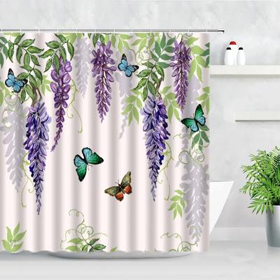 Lila Blumen Duschvorhänge Wasserdicht Badewannen-Sichtschutz Glyzinienblüte Schmetterling Lavendel Badewannen-Dekor Badezimmervorhang Baño