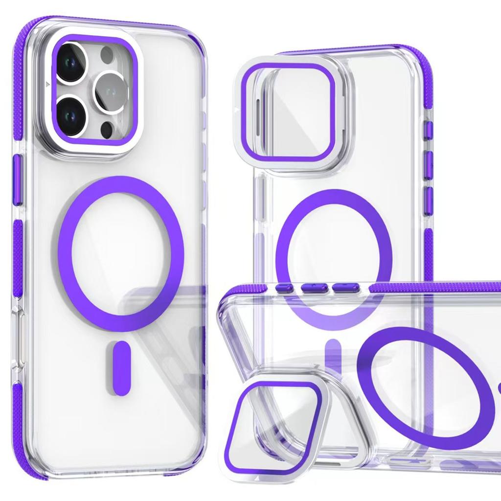 For iPhone 16 Pro Magnetic Case TPU Acrylic Clear Phone Back Cover with Lens Protector Kickstand