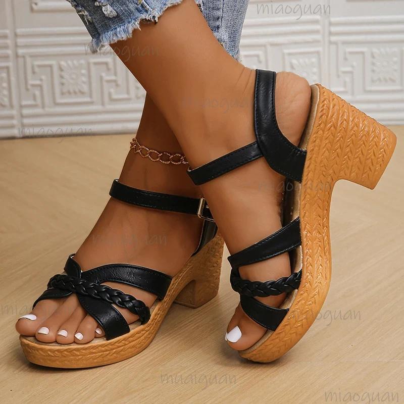 Fashion Women's Braided High Heels Sandals 2025 Summer Chunky Platform Gladiator Sandals Woman Ankle Straps Vacation Casual Beach Shoes