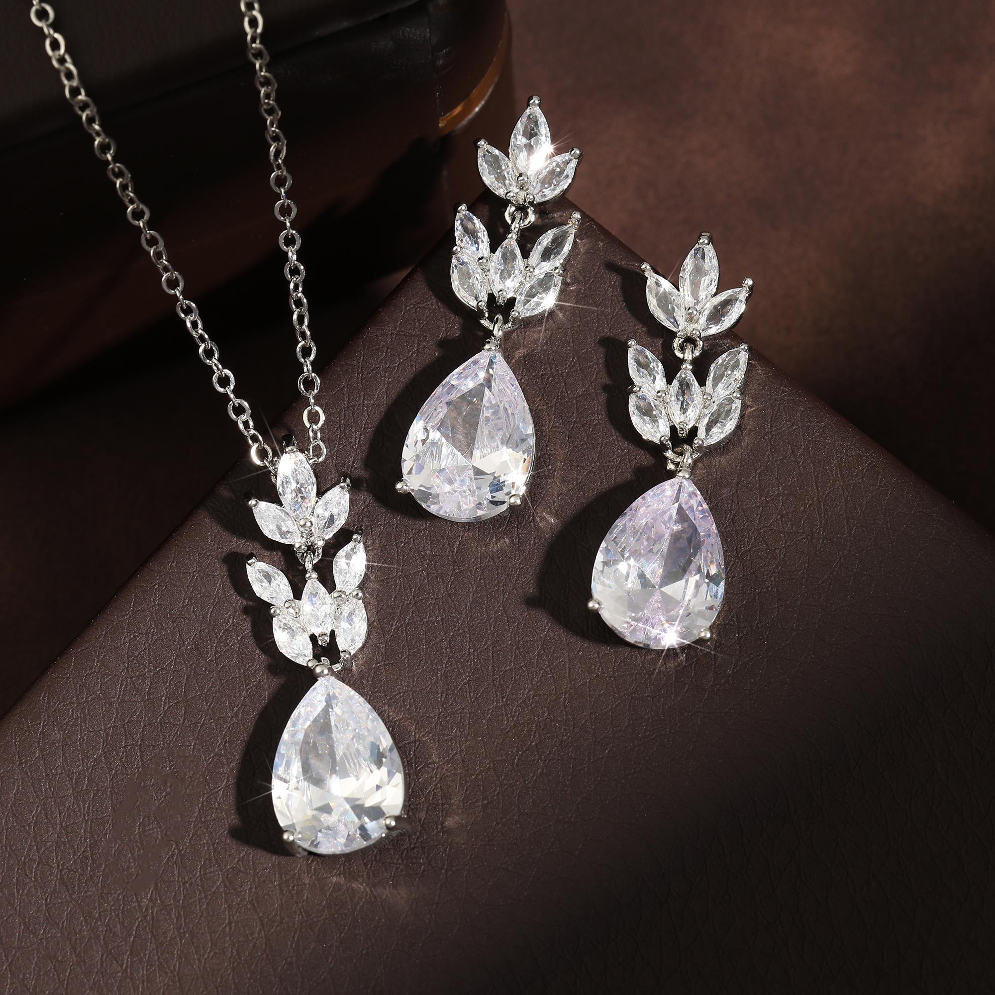 ZAKOL Bulingbuling Pear Cut Water Drop Cubic Zirconia Pendant Necklace&Earrings for Women Wedding Zircon Set