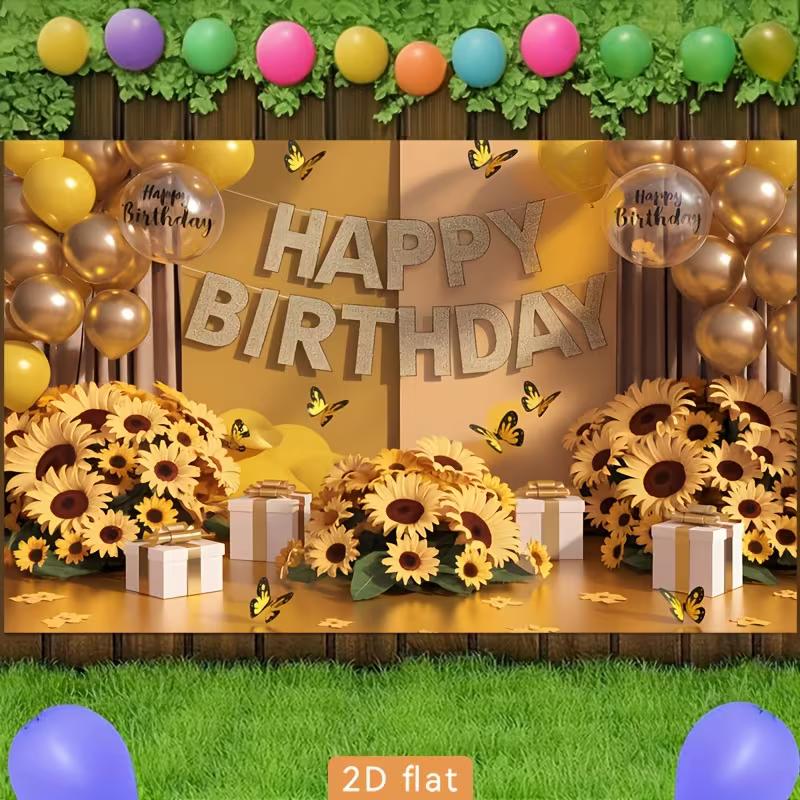 2D Birthday Photography Backdrop Yellow Background with Sunflowers, Butterflies and Balloons