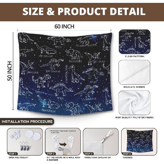 XLDLIOO Galaxy Dinosaur Wall Tapestry, Astral Dinosaur Breed Wall Tapestry Hanging for Boys Kids Room Dinosaur Lovers, Retro Dino Tapestries Wall
