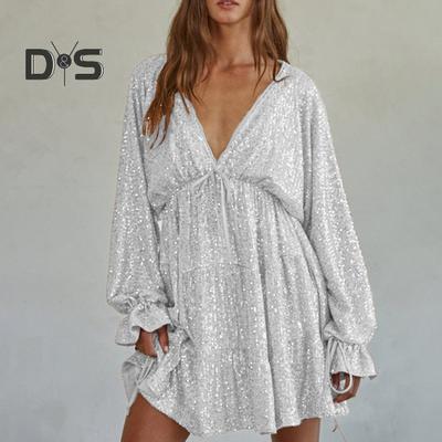 Lady Club Party Dress Deep V Neck Shimmering Sequin Loose Solid Color Long Sleeve Bow Lace-up Strap Slimming Look Mini Dress