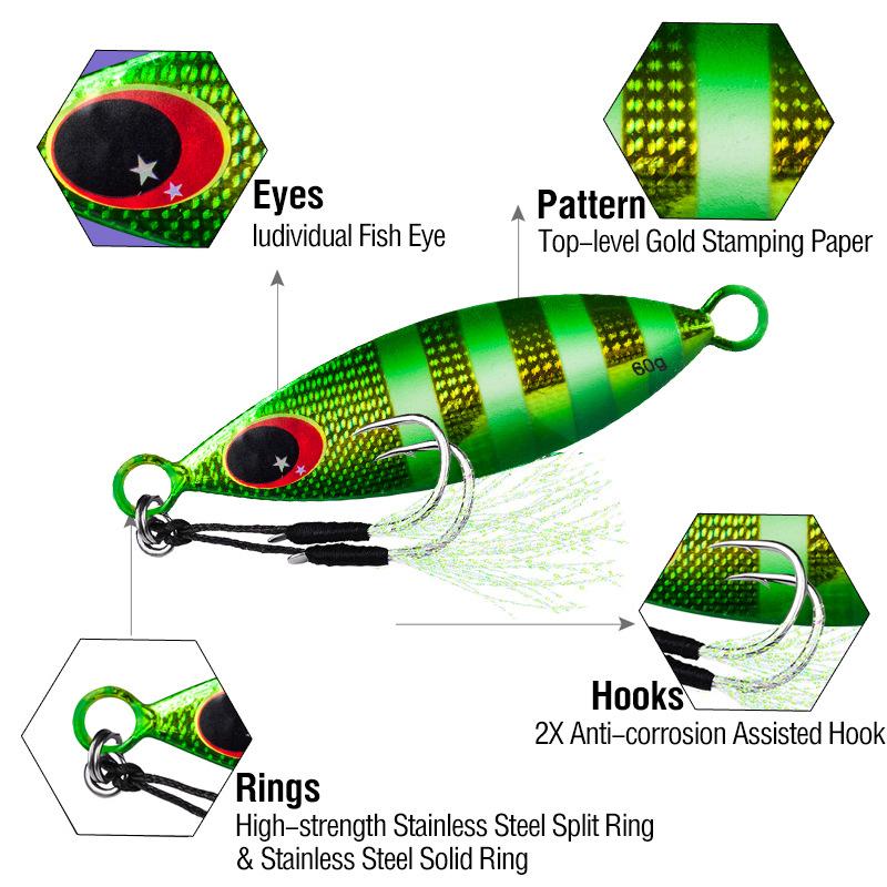 Lure iron plate bait5PCS 10-60GLuminous slow-sinking heavy weight hard bait for long-distance casting, essential for freshwater