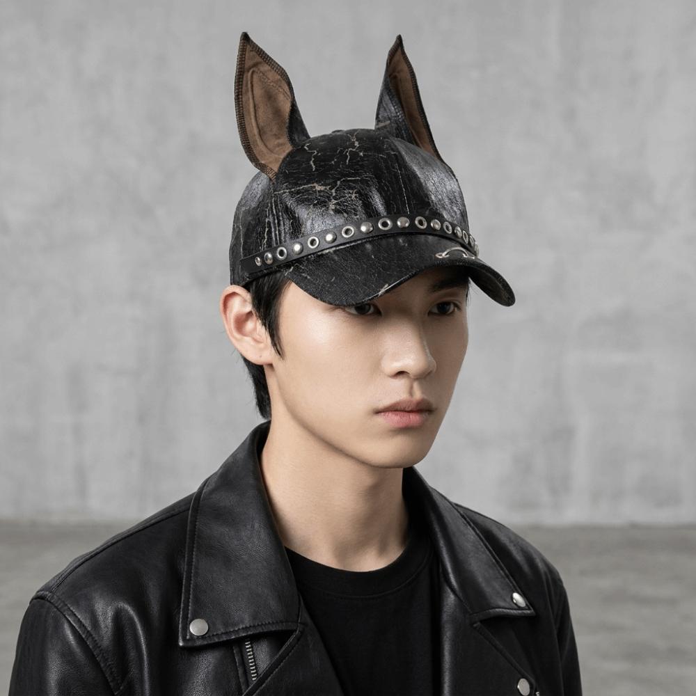 Adjustable Leather Baseball Cap Solid Sunshade Hat Fashion Dog Ears Baseball Cap Man