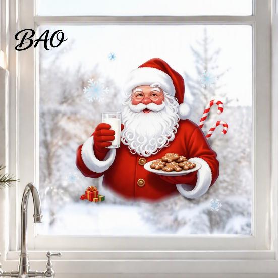 Winter Party Decorations Christmas Santa Claus Window Clings, Reusable Static Holding Milk And Cookies Decorative Wall Murals Glass Decals,