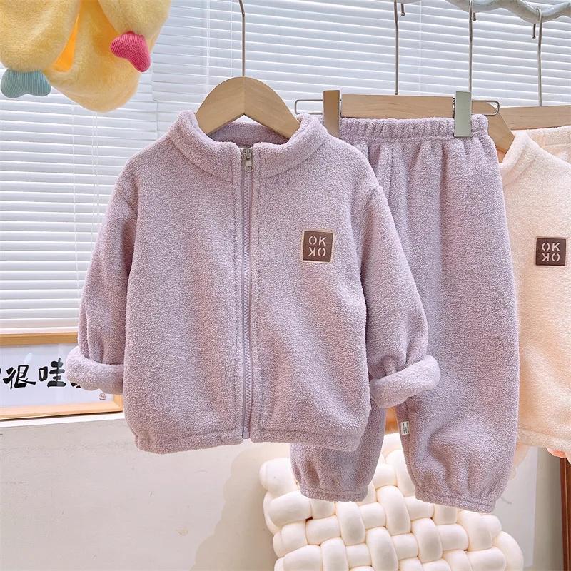 2pcs Kids Clothes Warm Fleece Thick Baby Clothes Girl Boy Loungewear Hooded Sweatshirt+Pants School Uniform Outfit