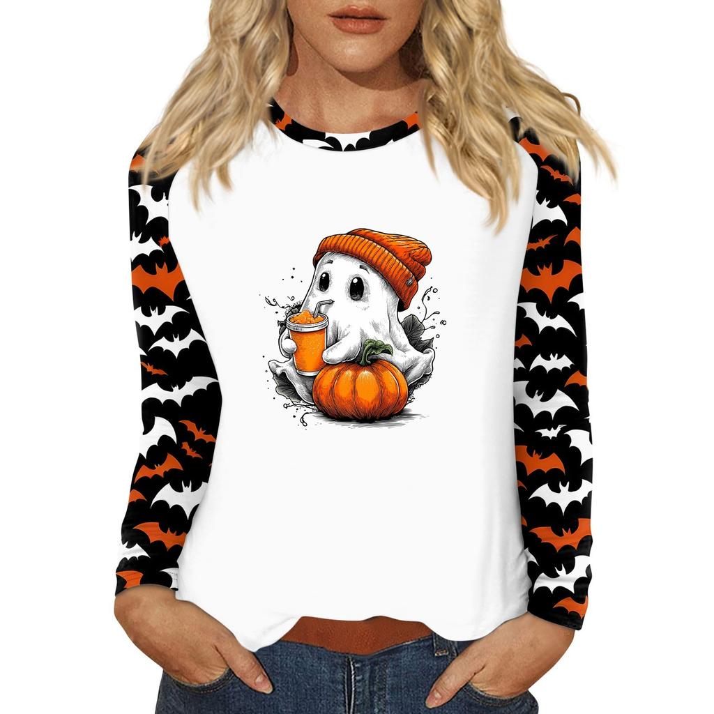 Damen T-Shirt Halloween-Print Langarm Täglich Mode Basic Rundhals Raglanärmel Oberteil
