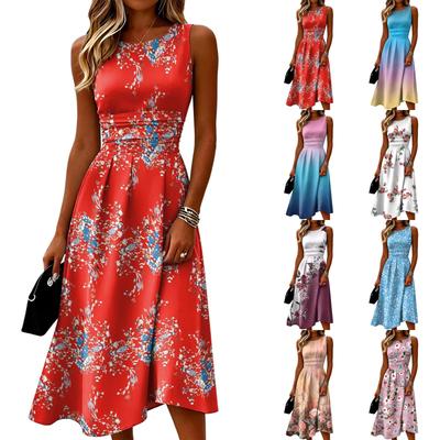 Sleeveless Casual Dress for Women Round Neck Midi Length Pleated Waist Design Comfortable Fit Summer Dress