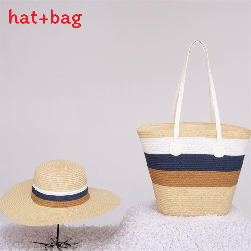 Woven Sun Hat And Large Capacity Straw Tote With Striped Pattern For Travel And Casual Wear