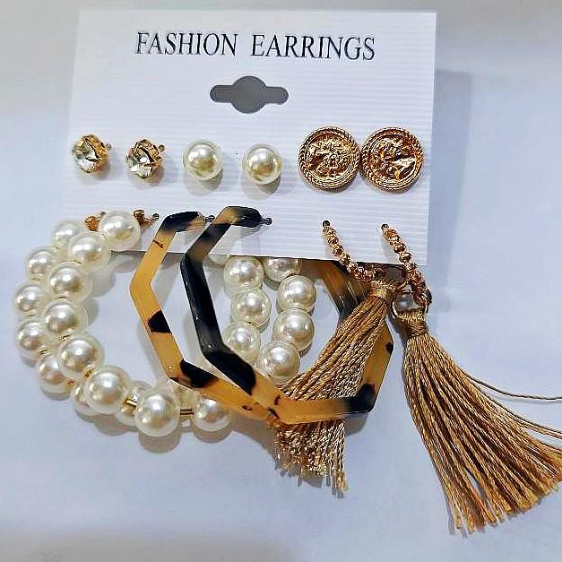 XP17 Złoty Geometryczny Zestaw Kolczyków Koła z Perłami