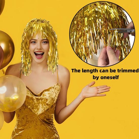 Foil Tinsel Wigs for Adults Fancy Dress Party Shiny Tinsel Wig Metallic Masquerade Disco Hat for Photo Booth Prop Cosplay Supplies