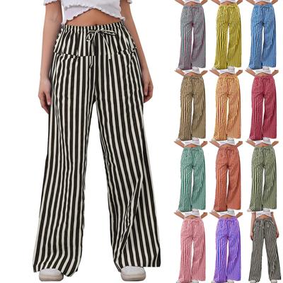 Modische, gestreifte Hose mit weitem Bein und Kordelzug für Damen mit Taschen in der Taille und lockerer Freizeithose