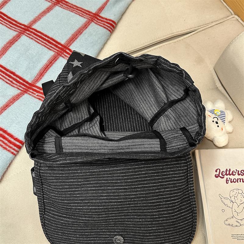 Vintage Star Striped Denim Backpack Student Class Book Bag