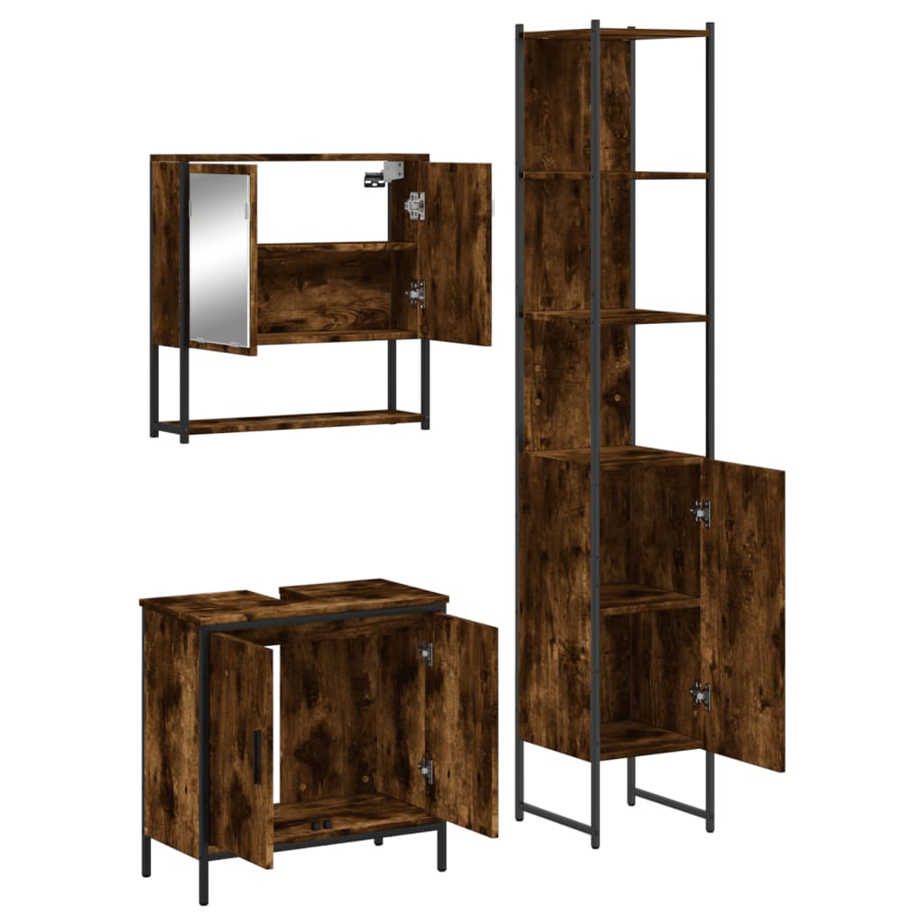 3 Piece Bathroom Furniture Set Smoked Oak Wood Based Material