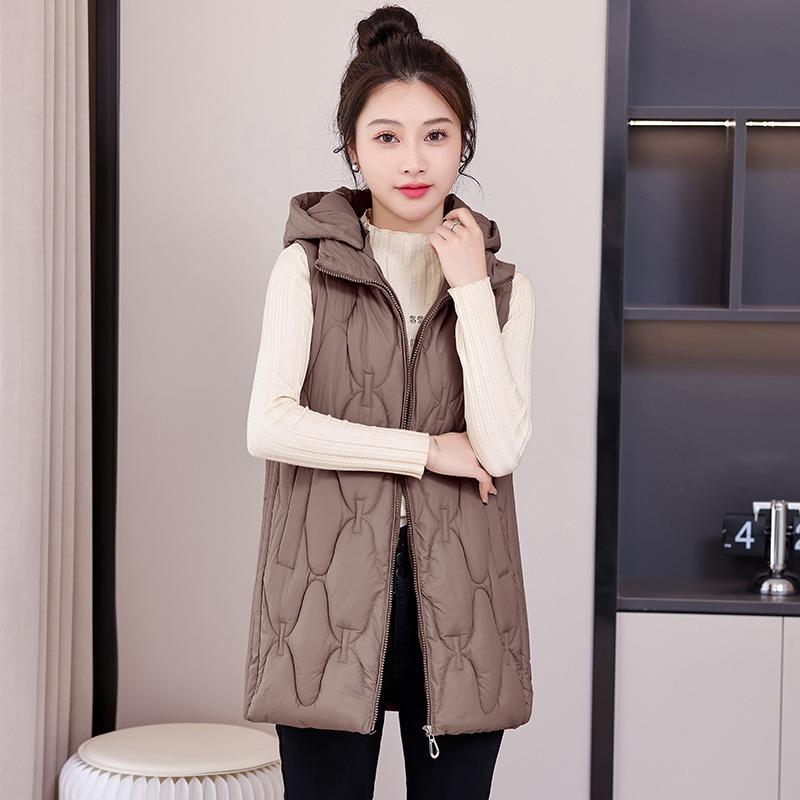 Autumn and Winter Down Cotton Vest Women's Rhombus Grid Medium and Long Loose Hooded Vest