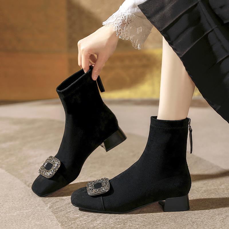 Square Head Suede Short Boots Women's 2025 New Autumn and Winter Thick Heel Medium Boots Rhinestone Square Buckle Low Heel Spring and Autumn Single Bo