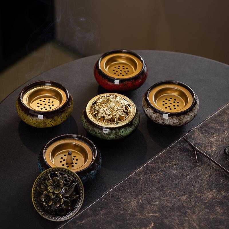 Portable Ceramic Sandalwood Incense Burner: Golden Bowl Ornament & Incense Plate