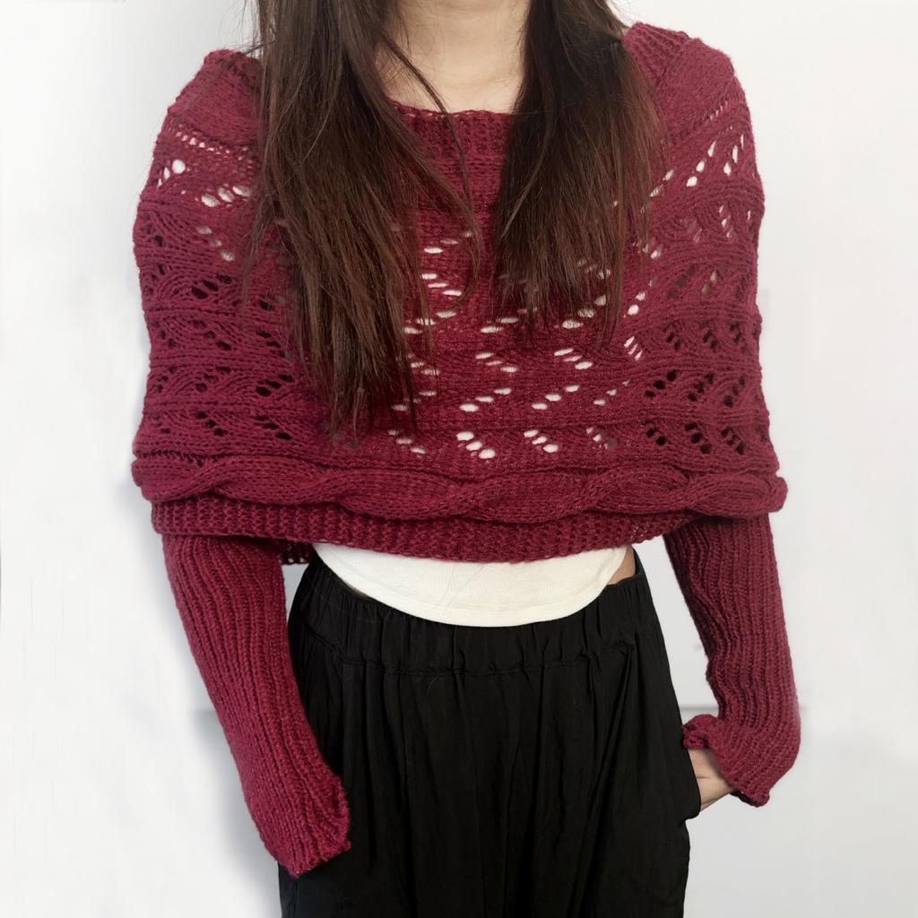 Autumn Winter Women'S Knitted Shawl Scarf With Long Sleeve Outdoor Warm Soft Windproof Hollow Out Crop Top Shrugs Shawl Scarf