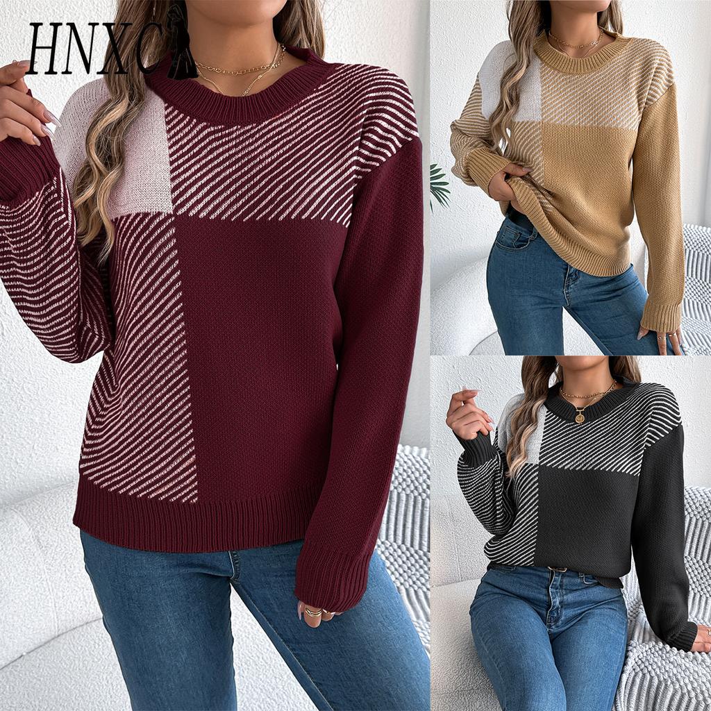 HNXC  Autumn and Winter Casual Checkered Long-sleeved Pullover Sweater for Women
