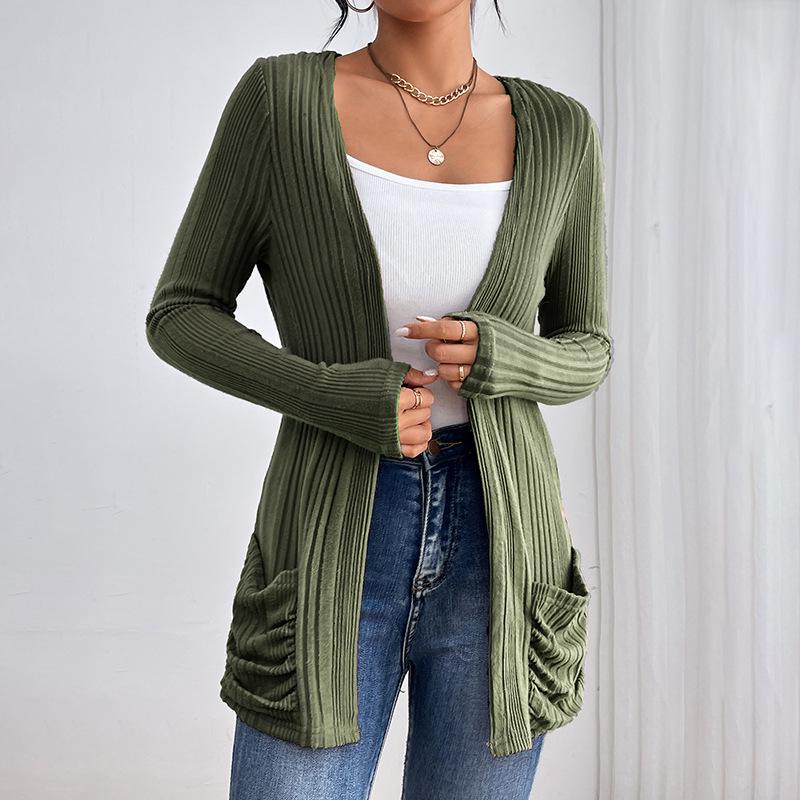 European and American Solid Long-Sleeve Mid-Length Knitted Cardigan with Pockets - Autumn/Winter Sweater