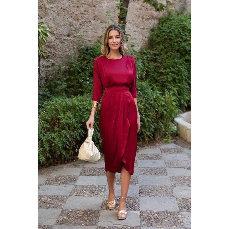 

YYFS Женская мода лето весна однотонный принт с рукавами 1/2 и круглым вырезом с высокой талией повседневные платья XXL красный