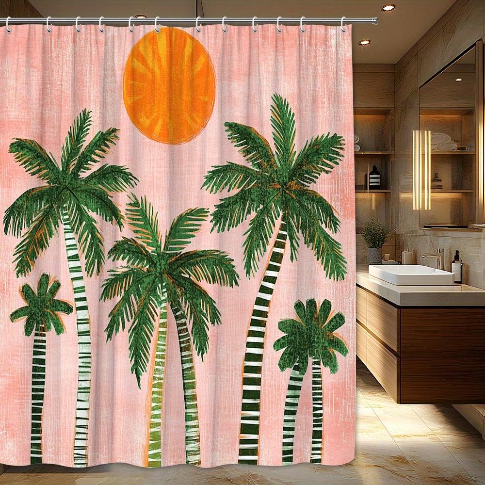 1pc Mid-Century Modern Palm Trees Shower Curtain - Stylish Black-and-White Striped Trunks, Orange Sun & Pastel Pink Background 90x180cm