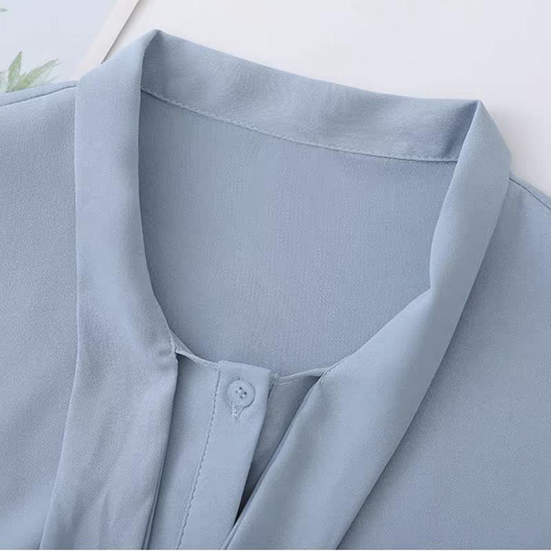 Bow Tie Blouse Women Summer Thin French Blouse Women Loose Belly Short-sleeved Chiffon Shirt Solid Shirt