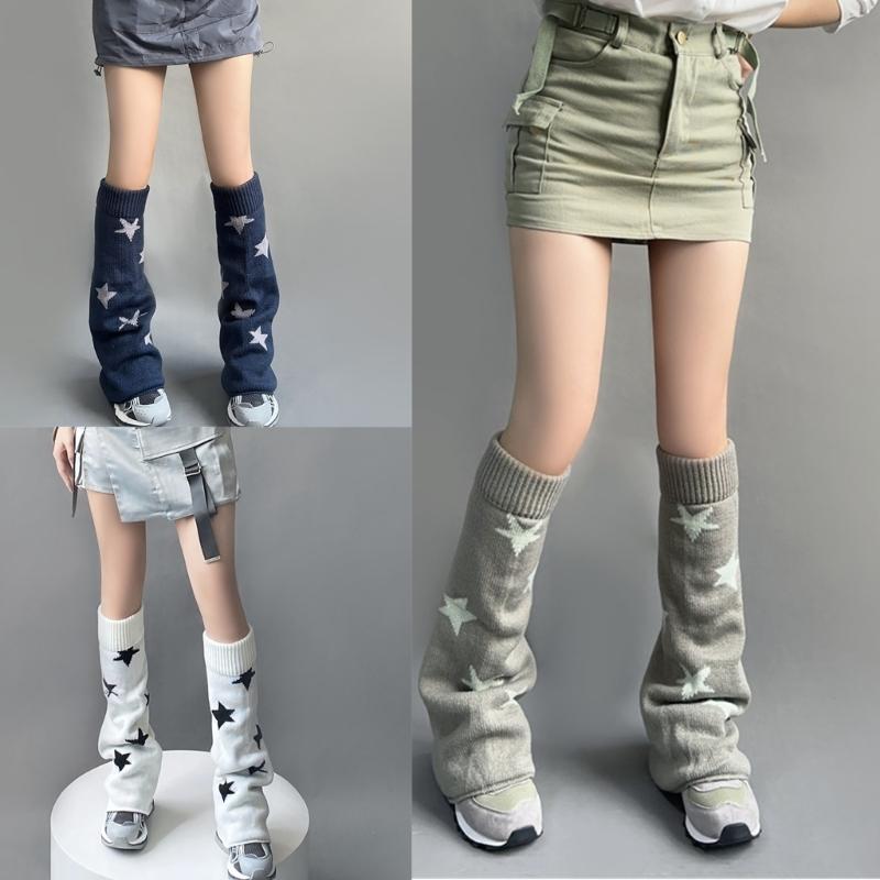 Girls Lolitas Leg Warmers Y2K Star Knitted Flared Leg Sleeves Goth Baggy Cuff Ankle Heap Socks JK Uniform Foot Cover